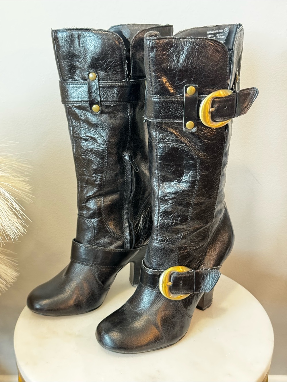 naughty monkey Black Mid-Calf Heeled Rocker Boots with Gold Buckles